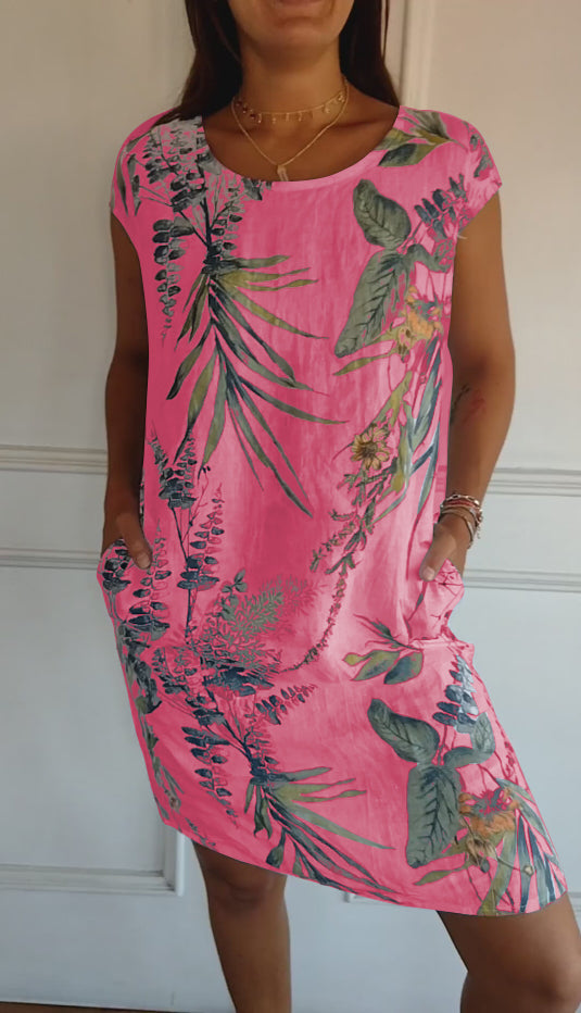 Vielseitiges Damen Sommerkleid mit Blattmuster. Lässig für Alltag, Strand und Urlaub. Bequem & stylisch.