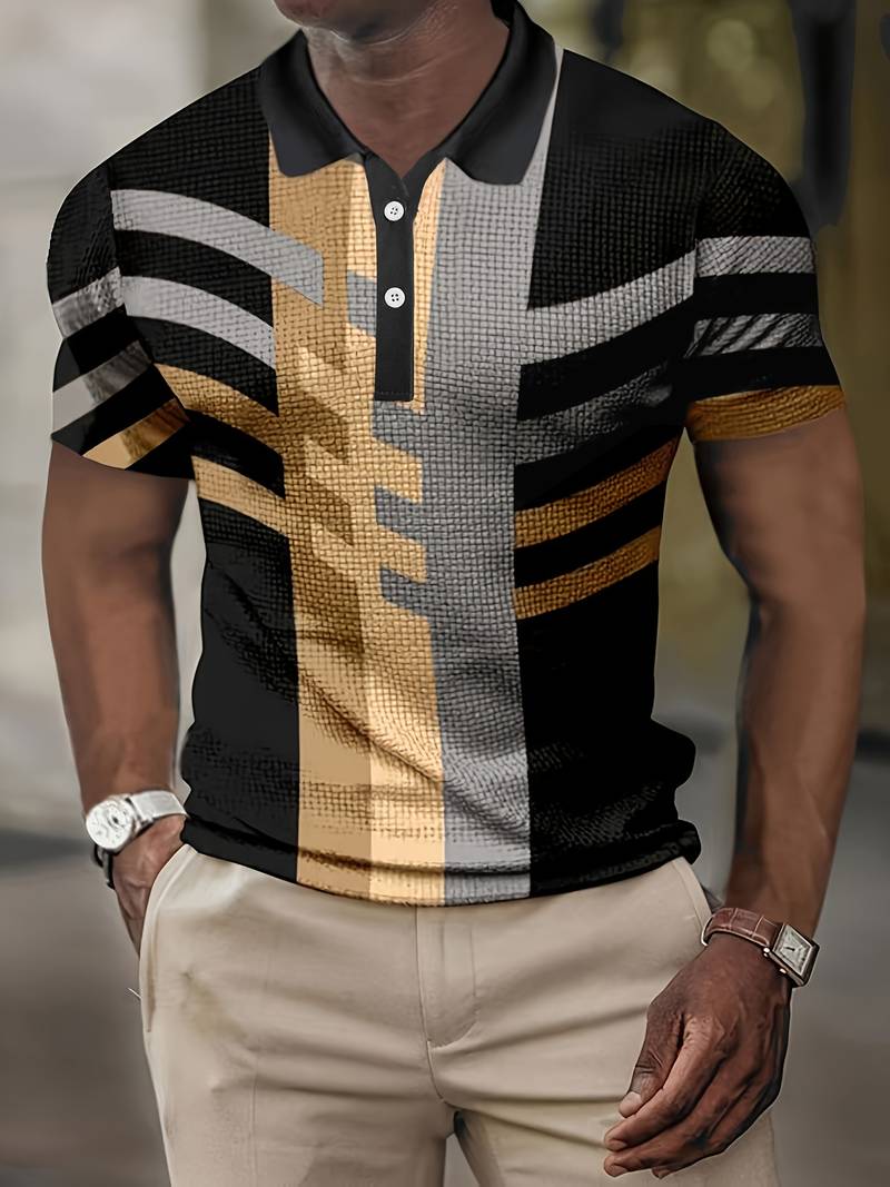 Lässiges Herren Langarm-Knopfhemd im Vintage-Stil mit geometrischem Muster, ideal für Herbst und Freizeit.