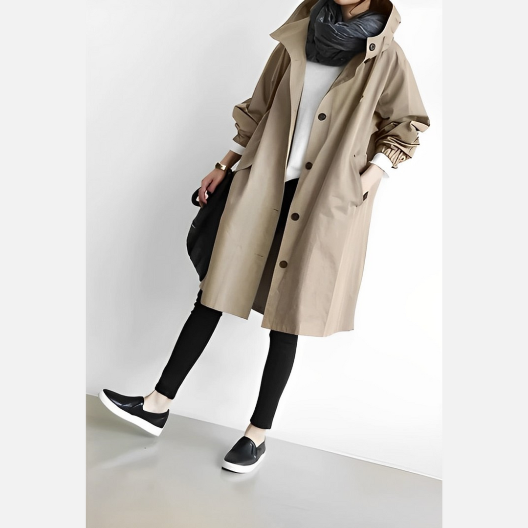 Lange Windbreaker-Übergangsjacke für Damen & Herren, mit Kapuze, ideal für Sport und Freizeit.