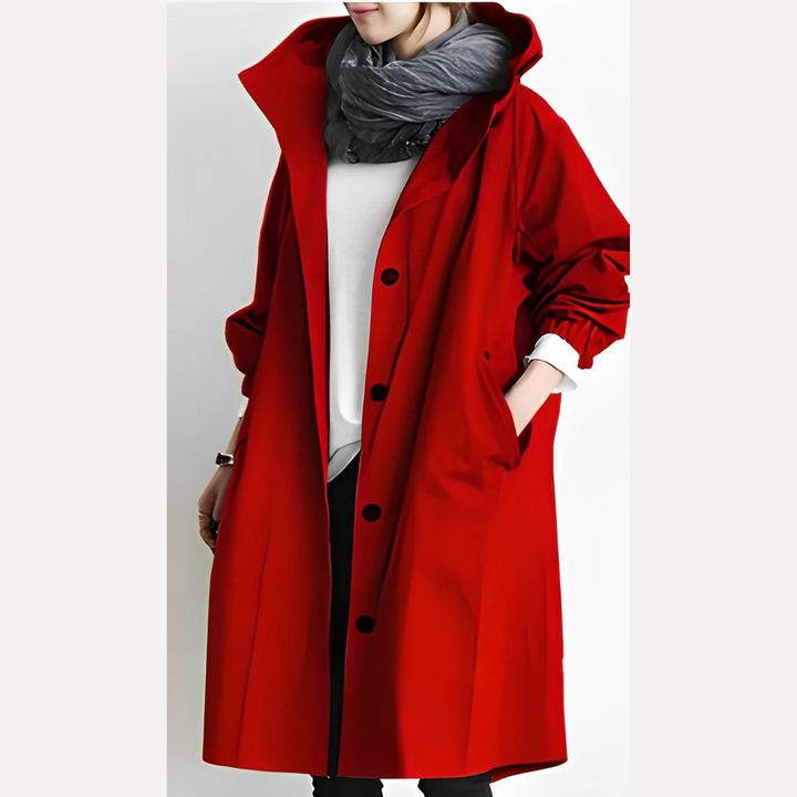 Modische, lange Unisex Herbstjacke mit Kapuze, als leichte Übergangsjacke oder Regenjacke.