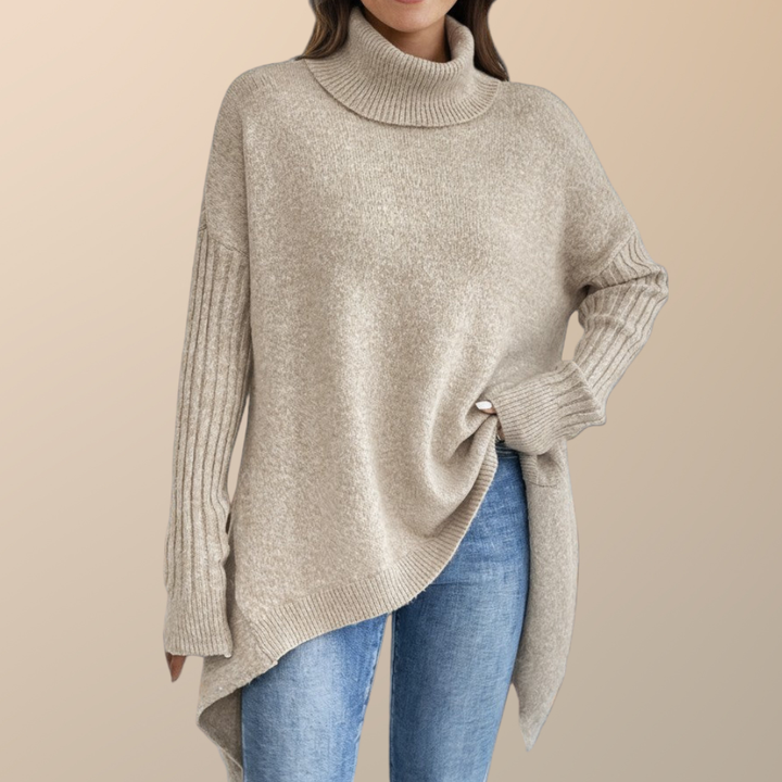 Langer Oversize Rollkragenpullover für Damen, bequem und warm, mit verlängertem Rücken. Ideal für Herbst & Winter.