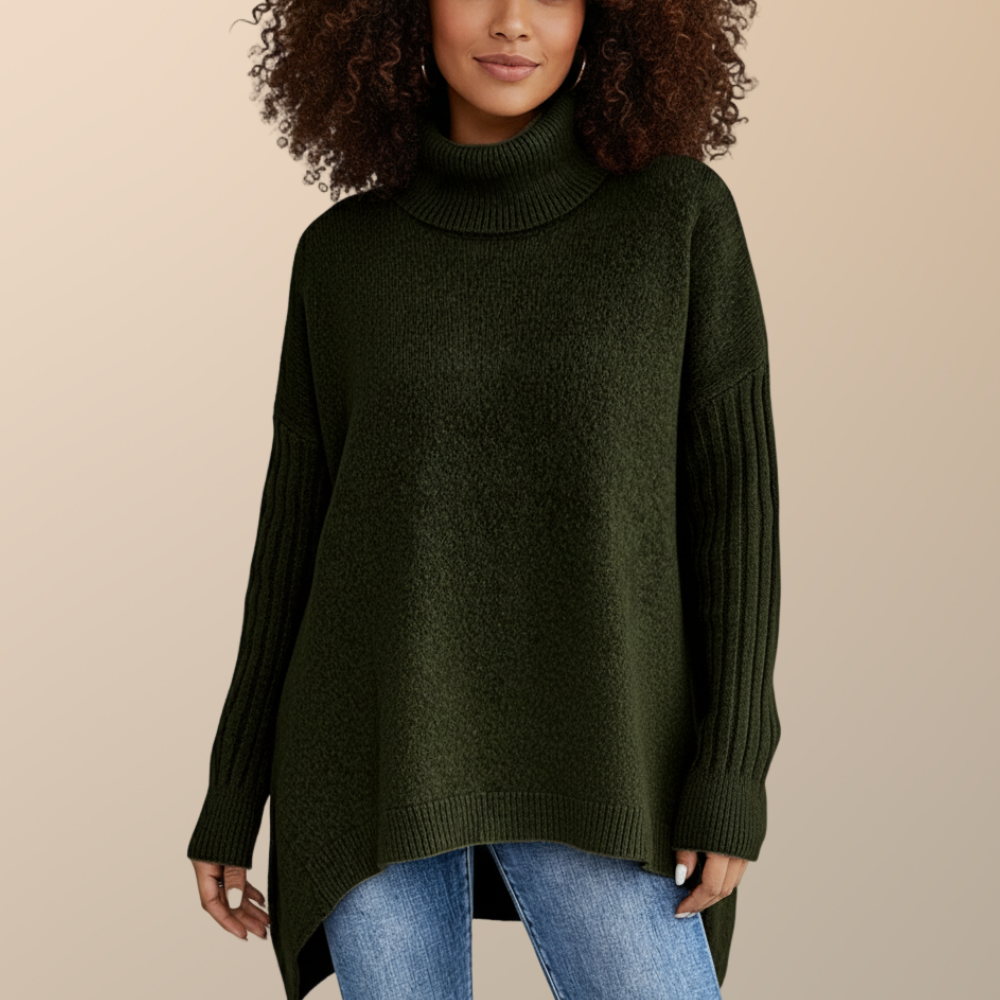 Warmer Damen Rollkragen-Strickpullover, oversized und lang geschnitten. Ein bequemer Pullover für den Winter.