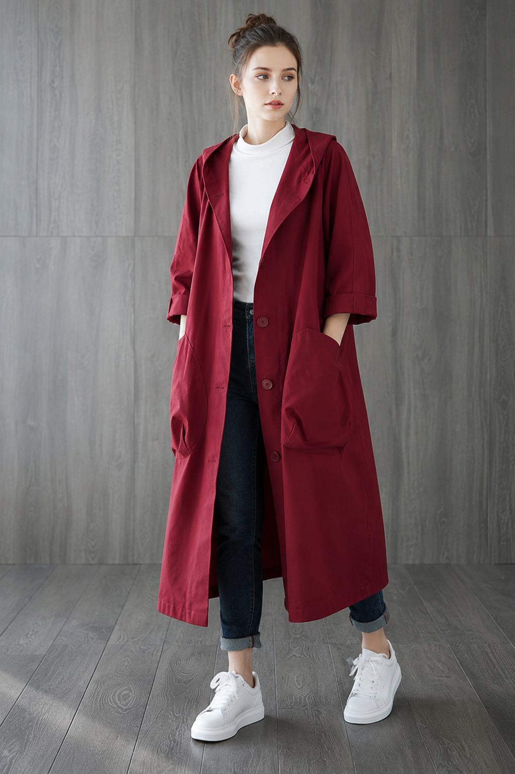 Praktischer, langer Damen-Regenmantel, wasserdicht, mit Kapuze und Taschen, schützt vor Wind & Regen.