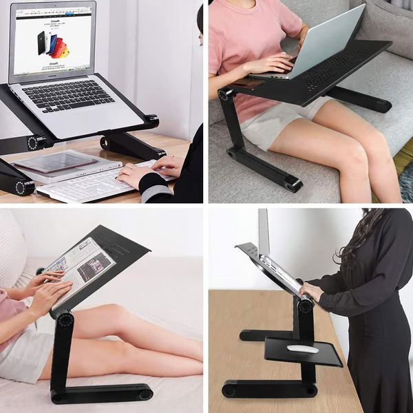 Verstellbarer Laptopständer aus Aluminium, schwarz, für ergonomisches Arbeiten im Sitzen und Stehen.