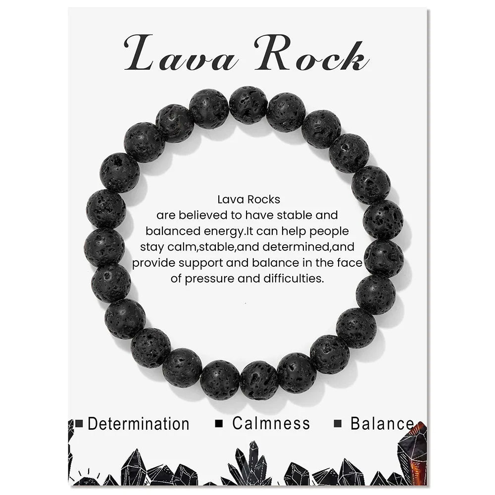 Schwarzes Lavastein-Armband auf Karte, Energie, Balance, Entspannung, Schmuck, Geschenkidee.