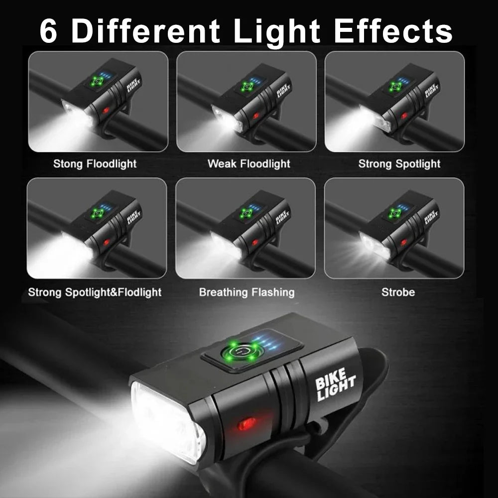 "LED Fahrradlampe 1500 Lumen, schwarz, mit USB-Aufladung und 6 Modi, wasserdicht, kompakt und robust, seitlich beleuchtet."