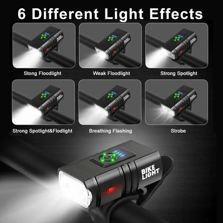 "LED Fahrradlampe 1500 Lumen, schwarz, mit USB-Aufladung und 6 Modi, wasserdicht, kompakt und robust, seitlich beleuchtet."