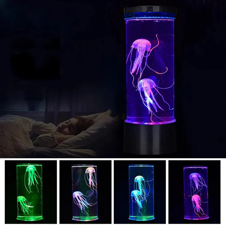 LED-Lavalampe mit schwebenden Quallen und Farbwechsel, ideal zur Entspannung im Wohn- oder Schlafzimmer.