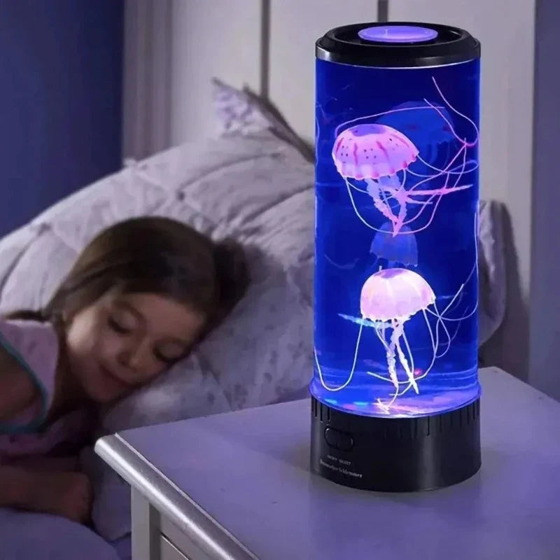 "LED Quallen Lampe mit farbwechselnden Effekten, ozeanische Tischleuchte ideal für beruhigende Atmosphäre im Wohnzimmer."
