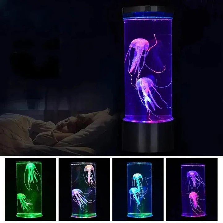 "LED Quallen Lampe mit farbwechselnden Effekten, ozeanische Tischleuchte ideal für beruhigende Atmosphäre im Wohnzimmer."