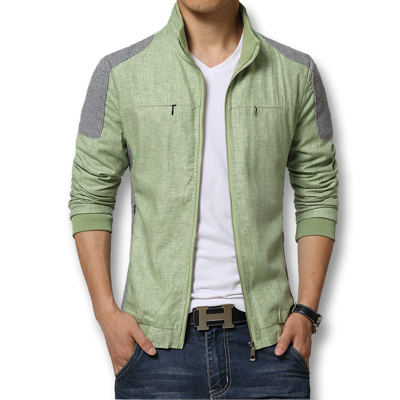 Blaue Herren Bomberjacke mit Stehkragen und Knopfleiste, ideal als leichte Übergangsjacke für Männer.