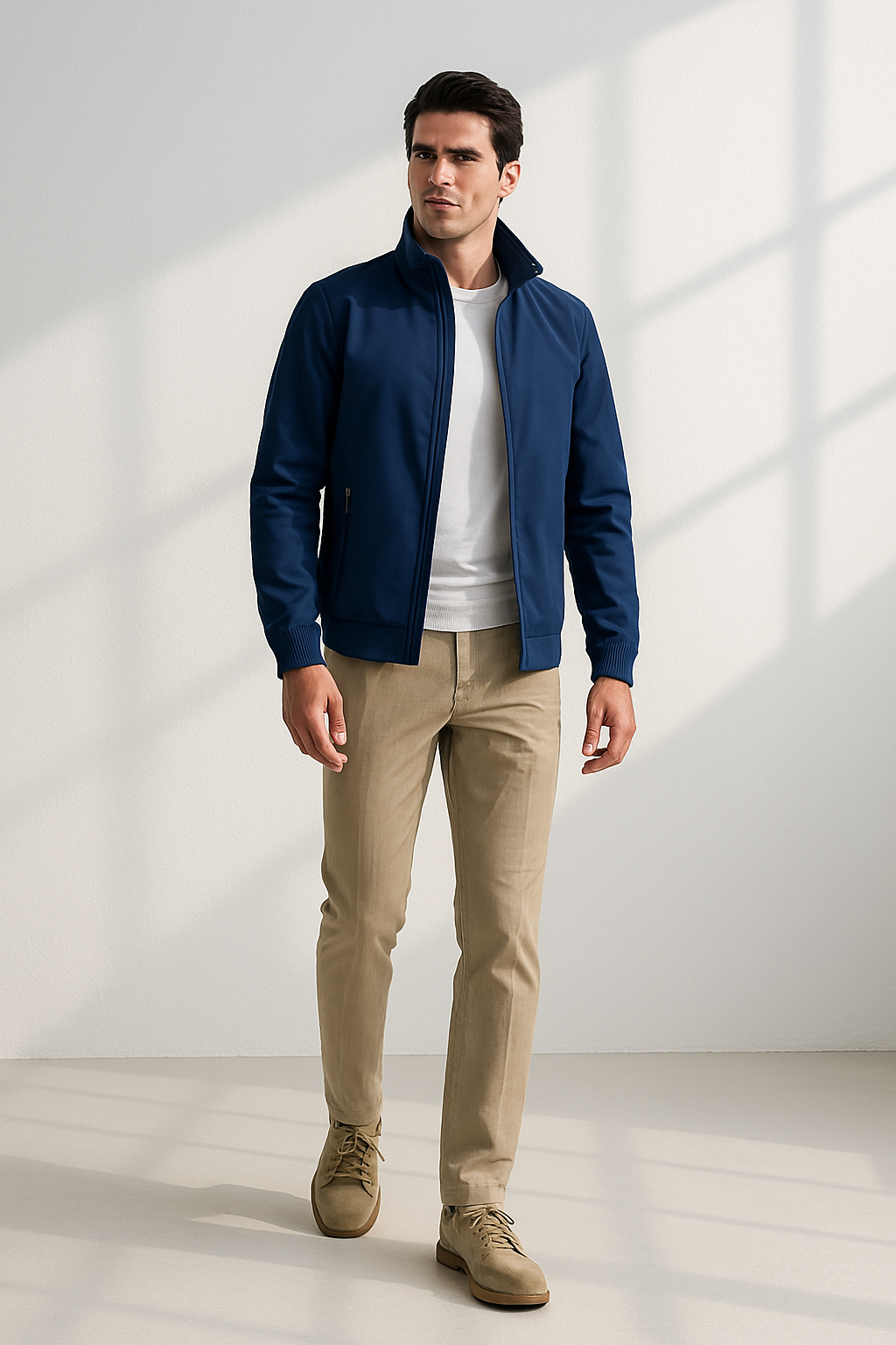 Nahaufnahme der texturierten, leichten Herren Windjacke. Perfekte Outdoorjacke für windige Übergangstage.