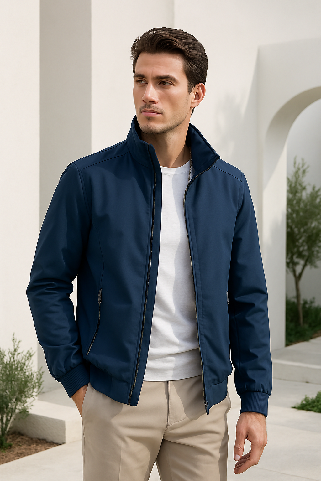 Mann trägt moderne Herren Windjacke im Freien. Vielseitige Leichtjacke für Wandern, Sport und Alltag.