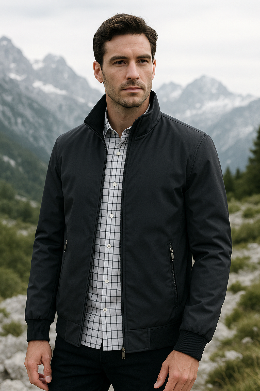 Rückenansicht der sportlichen Herren Windjacke mit Reißverschluss. Bequeme Outdoorjacke für Frühling/Herbst.
