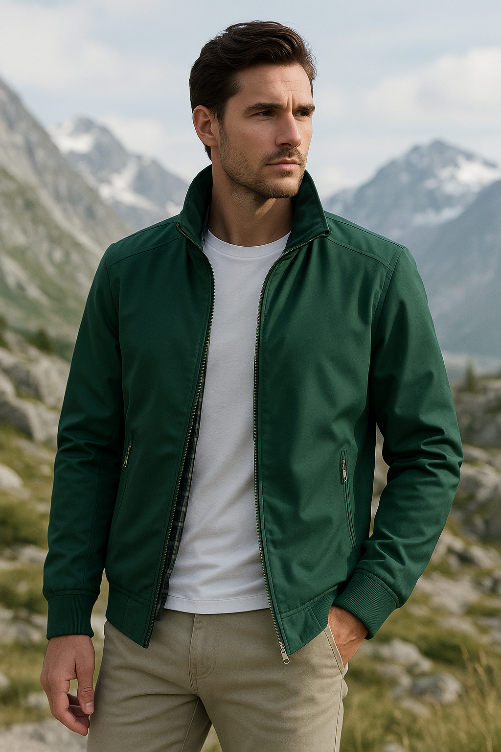 Detail des robusten Reißverschlusses der Herren Windjacke. Praktische, windabweisende Übergangsjacke.