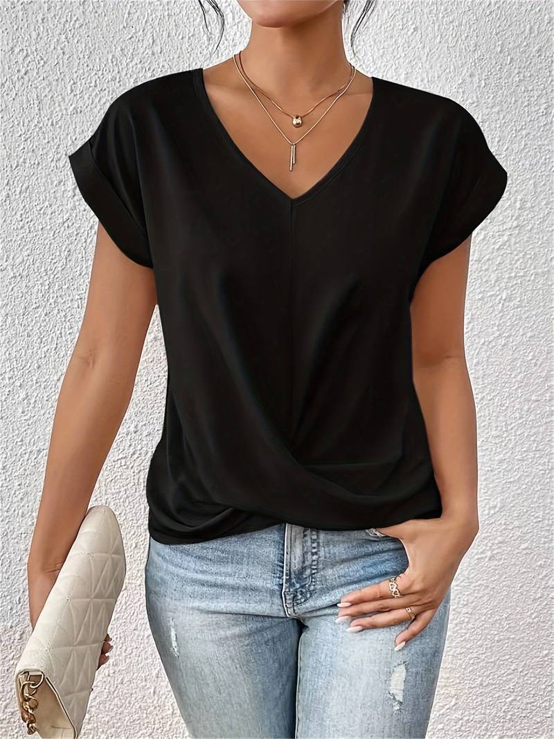Leichtes Damen V-Ausschnitt Kurzarm Top. Elegantes Sommer Oberteil mit stilvoller Verdrehung, perfekt für Freizeit.