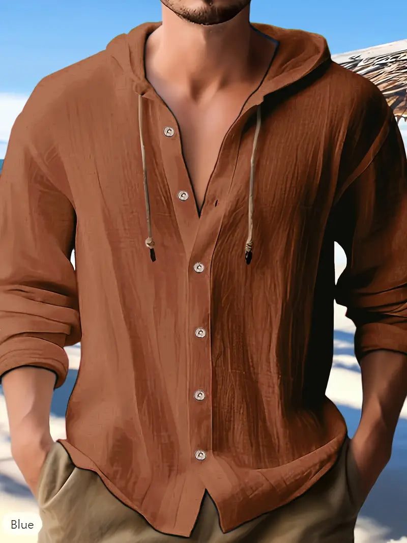 Lässiges Herren Button-Down Shirt mit Kapuze, leichtes Oberteil für warme Tage.