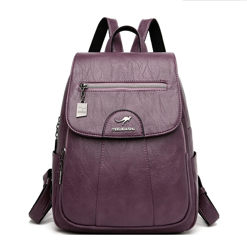 Lila Damenrucksack aus Leder, modisch, mit Känguru-Logo, ideal für Alltag und Reisen.