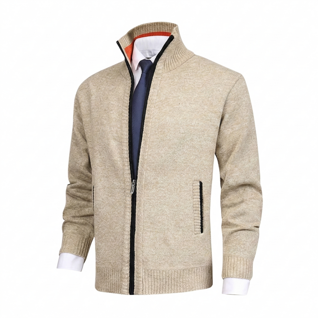 Beige Herren Strickjacke mit Stehkragen und Reissverschluss