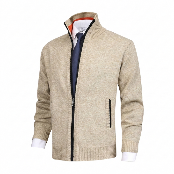 Beige Herren Strickjacke mit Stehkragen und Reissverschluss