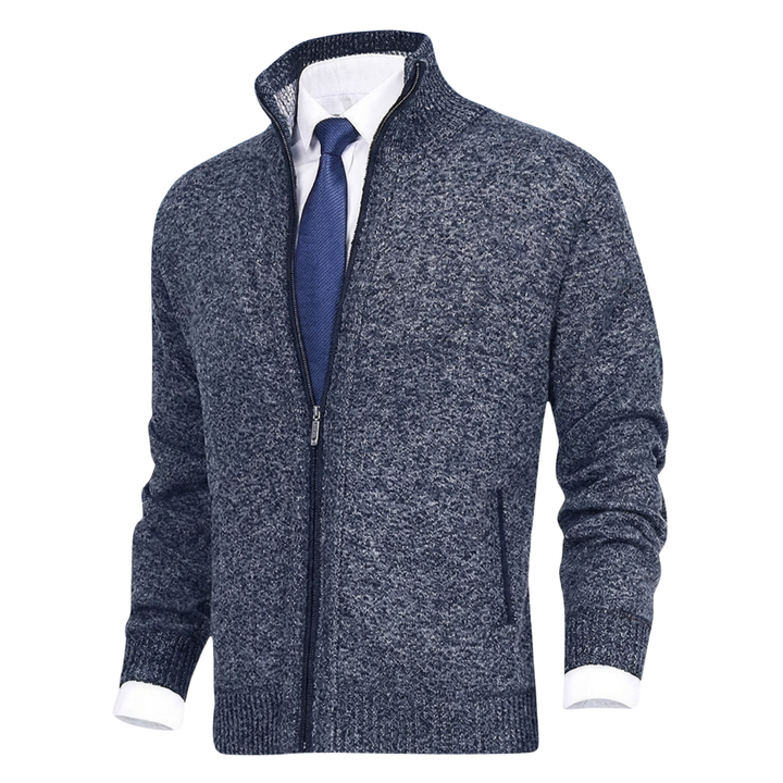 Herren Strickjacke in Grau mit hohem Stehkragen und durchgehendem Reißverschluss für Business Casual