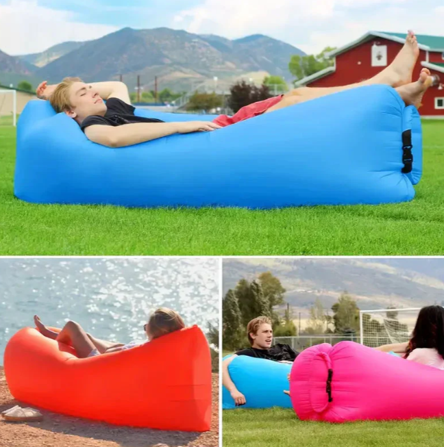 "Luftgefüllter Loungesessel, tragbar, robust, kompakt; ideal für Strand, Park, Camping; wasserabweisend, kein Pumpen nötig."