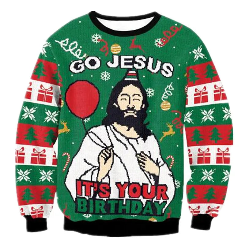 Bequemer Herren Winterpullover mit lustigem Jesus-Design, ideal für Weihnachtsfeiern & Geschenke.