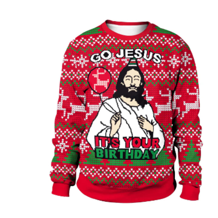 Weihnachtlicher Herrenpullover mit witzigem Jesus-Design. Der perfekte humorvolle Winterpullover für Männer.