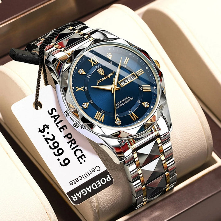 "Luxuriöse Herrenarmbanduhr mit goldener Lünette, schwarzem Zifferblatt, wasserdicht, leuchtende Zeiger, Edelstahlarmband"