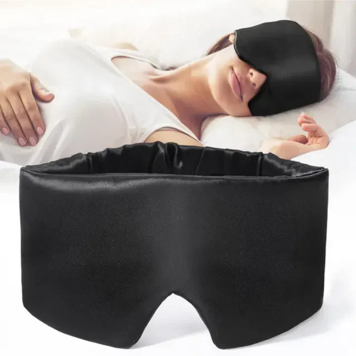 Luxuriöse Schlafmaske aus 100% Maulbeerseide, schwarz, weich, komfortabel, für bessere Verdunkelung und Entspannung.