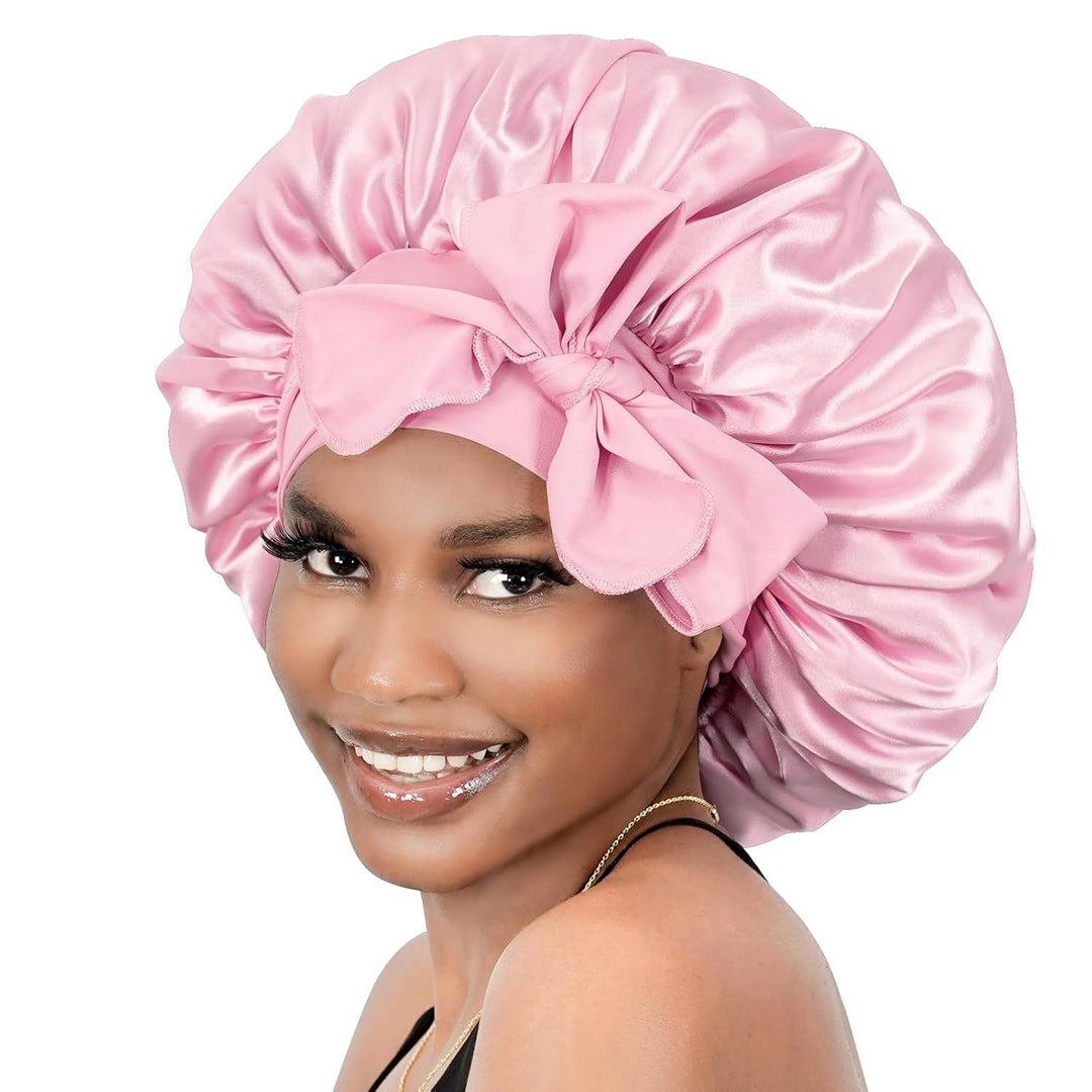 Elegante Schlafhaube in Rosa, schützt und pflegt Haare über Nacht, ideal für gesunde Haarpflege.