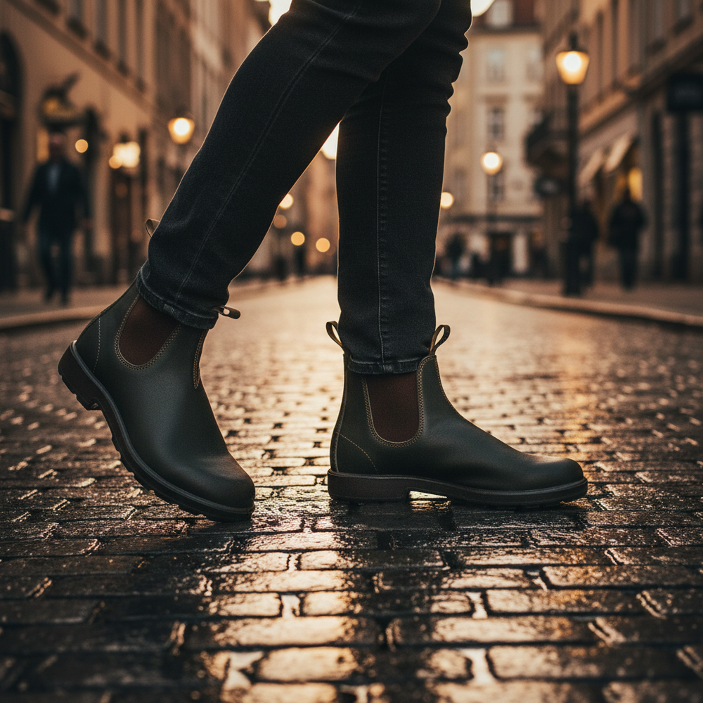 Detaillierte Ansicht robuster, wasserdichter Herrenstiefel. Wetterfeste Materialien für Outdoor, Wandern & Arbeit.