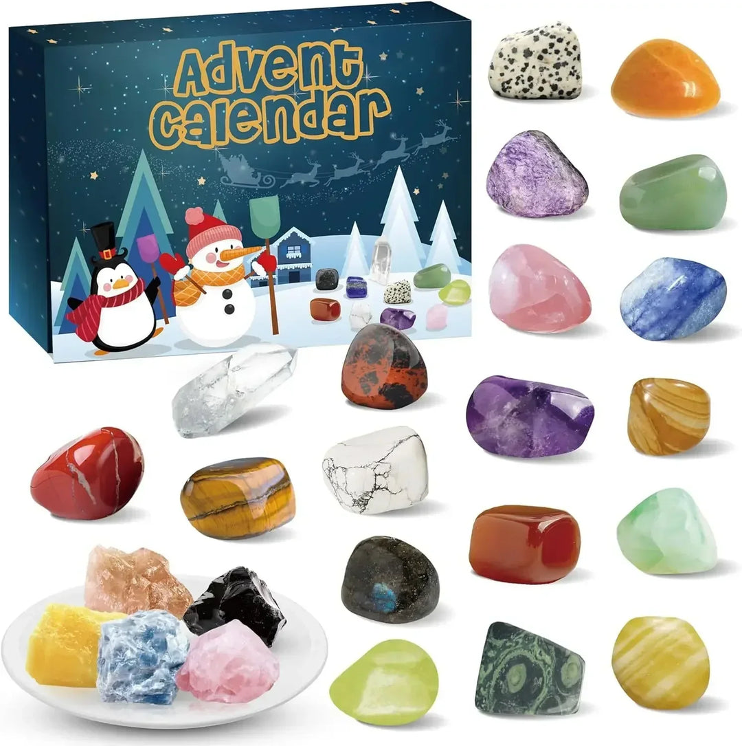 Geöffnetes Türchen des Edelstein Adventskalenders, enthüllt einen funkelnden, einzigartigen Kristall.