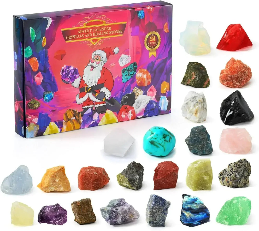 Sammlung von 24 einzigartigen Edelsteinen und Mineralien aus dem magischen Adventskalender, bereit zum Entdecken.