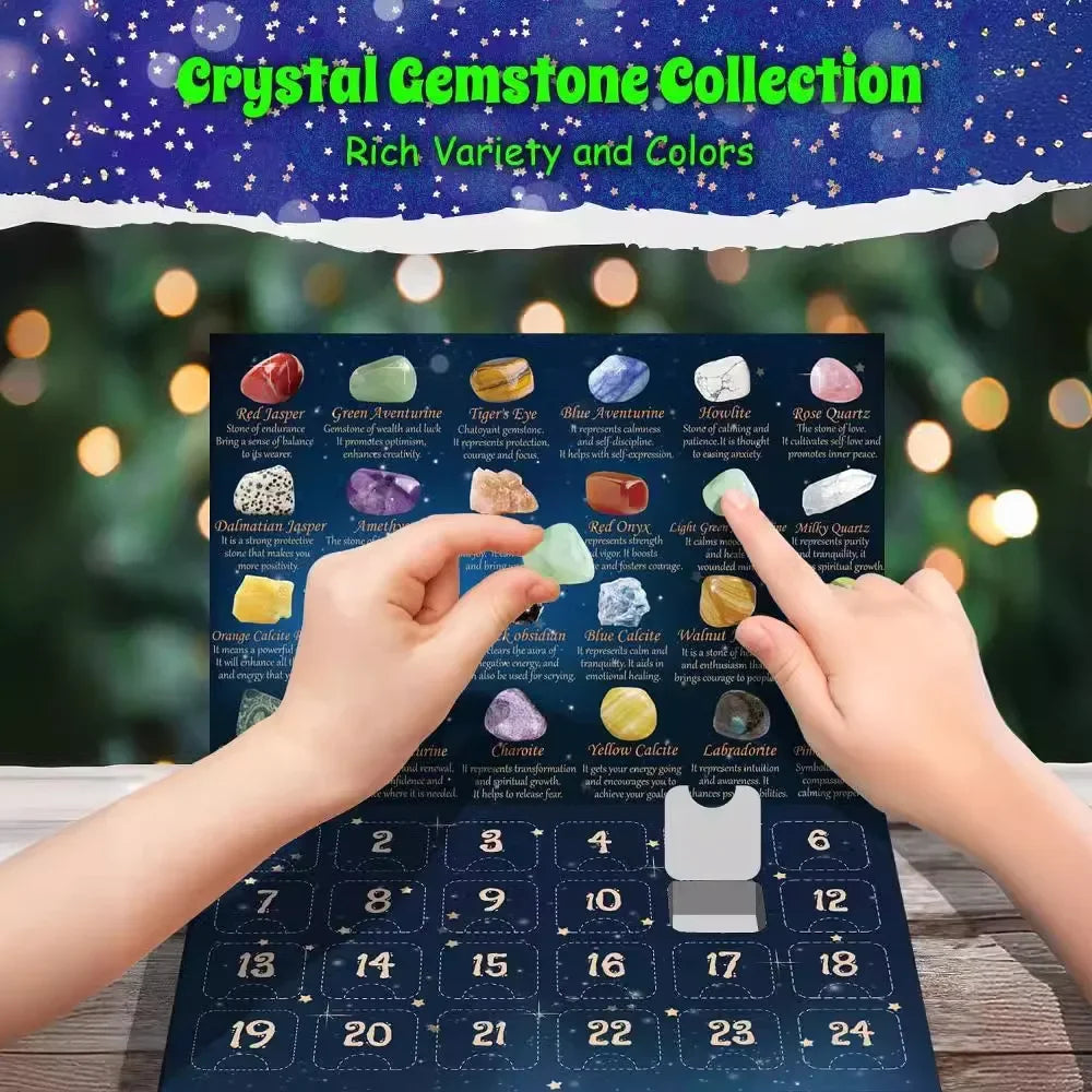 Festlich dekorierter magischer Edelstein Adventskalender auf einem Tisch, perfekte Weihnachts-Geschenkidee.