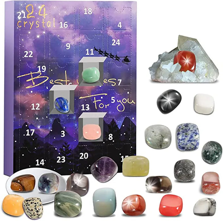 Detailansicht des mystischen Designs des Edelstein Adventskalenders mit "24 Schätze" für die Vorweihnachtszeit.