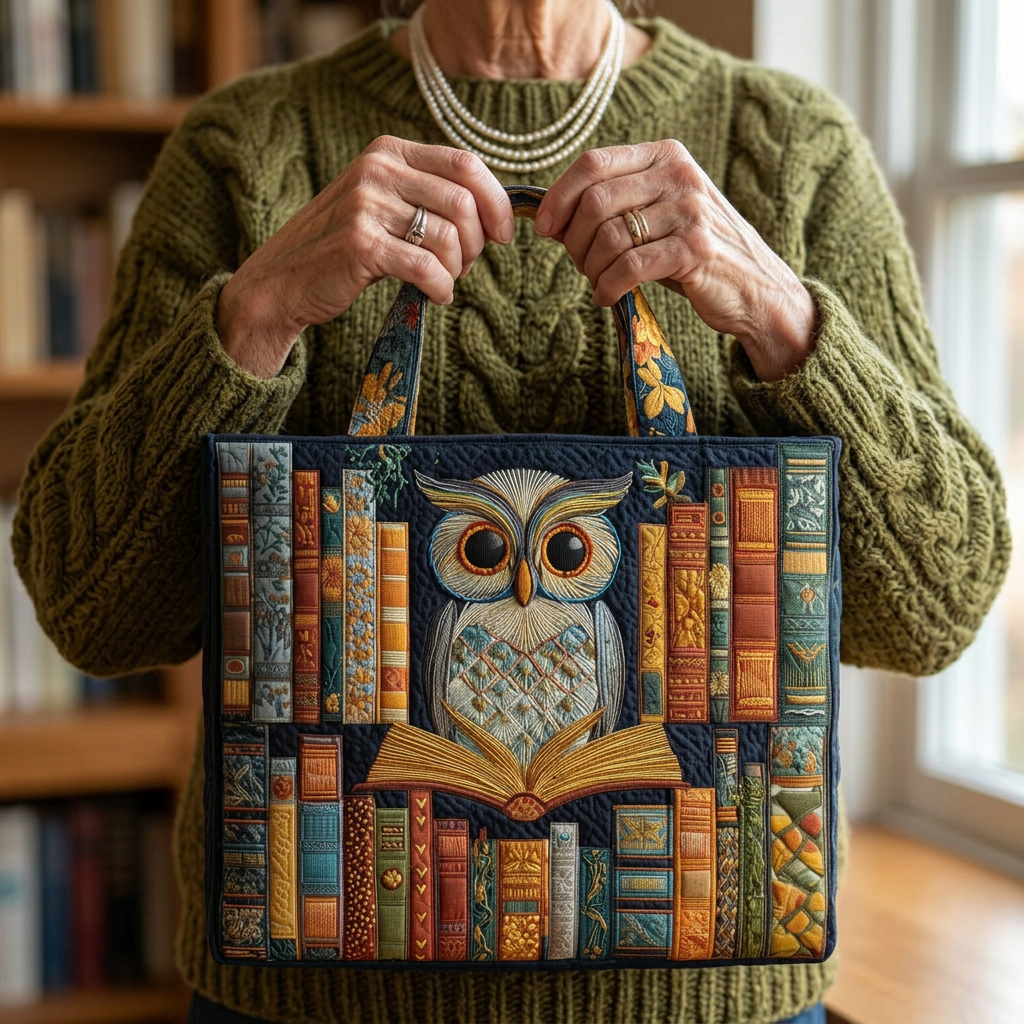 Eine Person trägt eine handgefertigte blaue Eulentasche mit Buchmotiv, zeigt die Größe und den Stil der Tasche im Alltag.