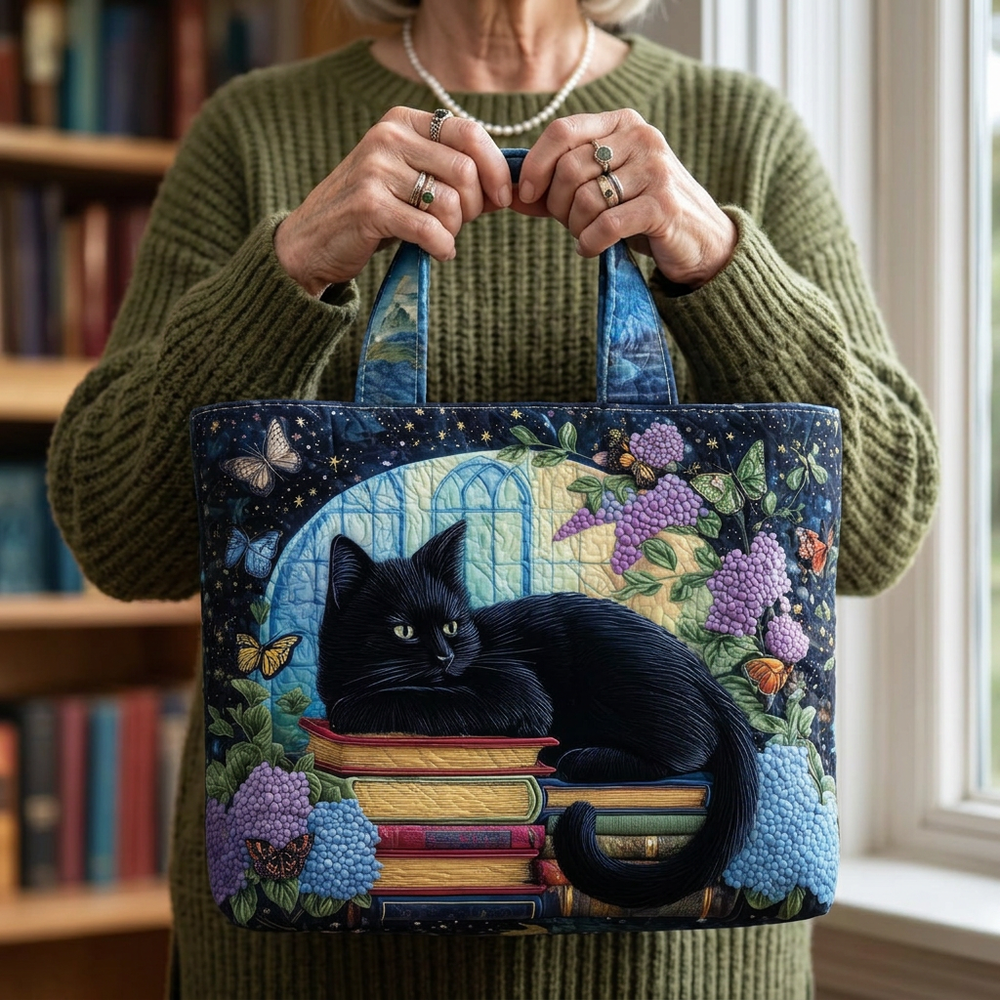 Stilvolle handgemachte Umhängetasche mit schwarzem Katzen-Design, gepolstert, eine einzigartige Damentasche.