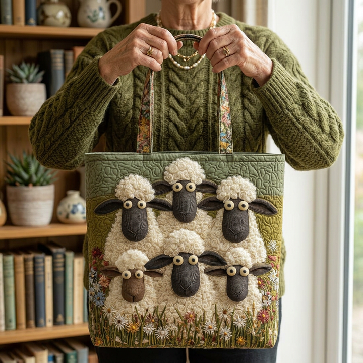 Person hält die gemusterte Schaf-Handtasche in den Händen