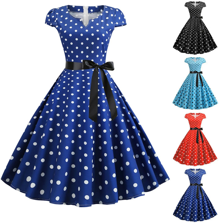 Damen Rockabilly Punktekleid in Retro-Stil, kurzarm