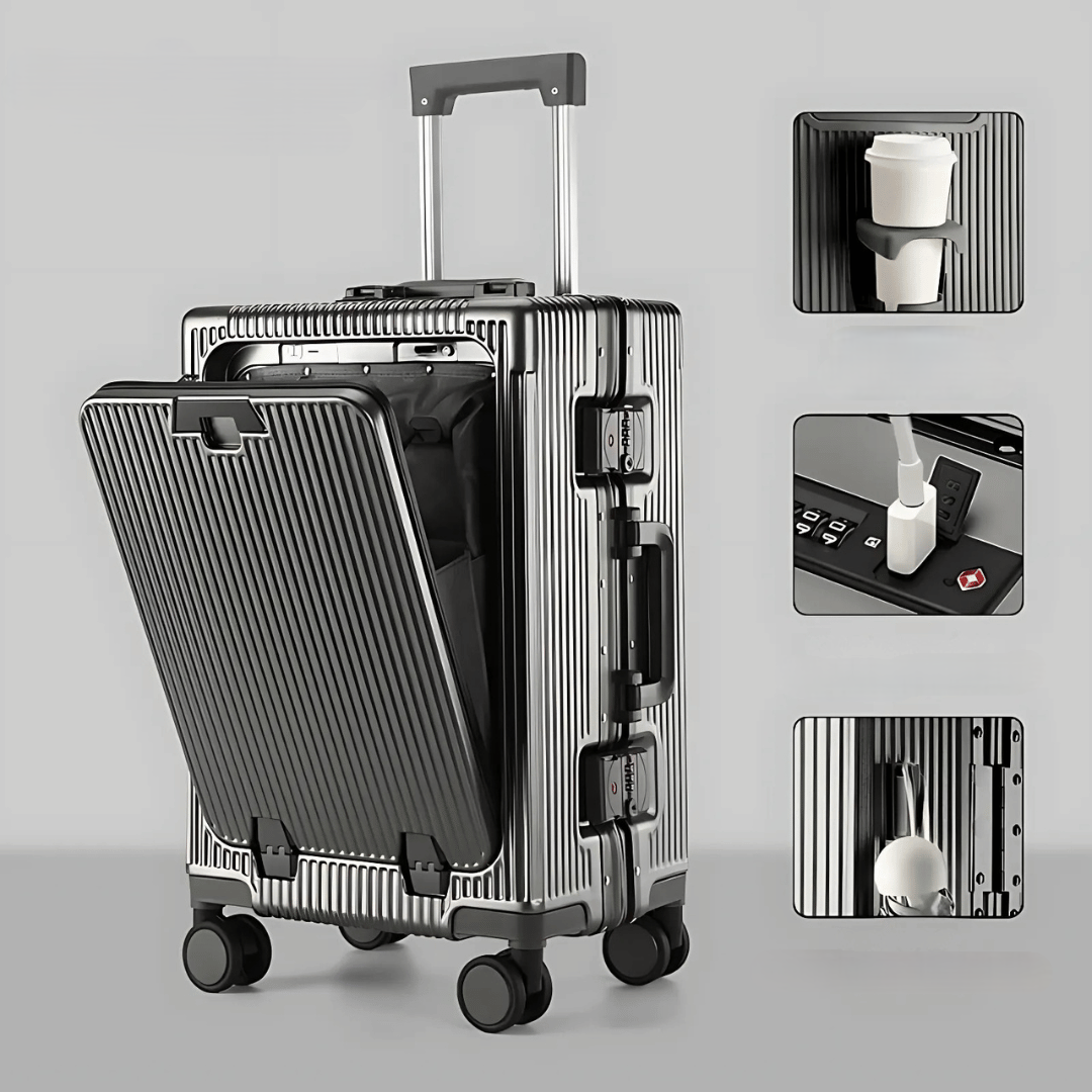 Organisiertes Handgepäck mit Laptopfach und Außen-USB, robuster Manhattan Pro Koffer.