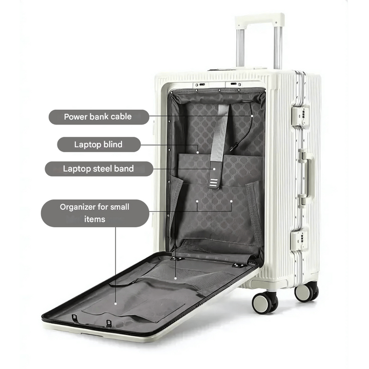 Handgepäckkoffer mit integriertem Laptopfach, USB-Anschluss und sicherem TSA-Kombinationsschloss.