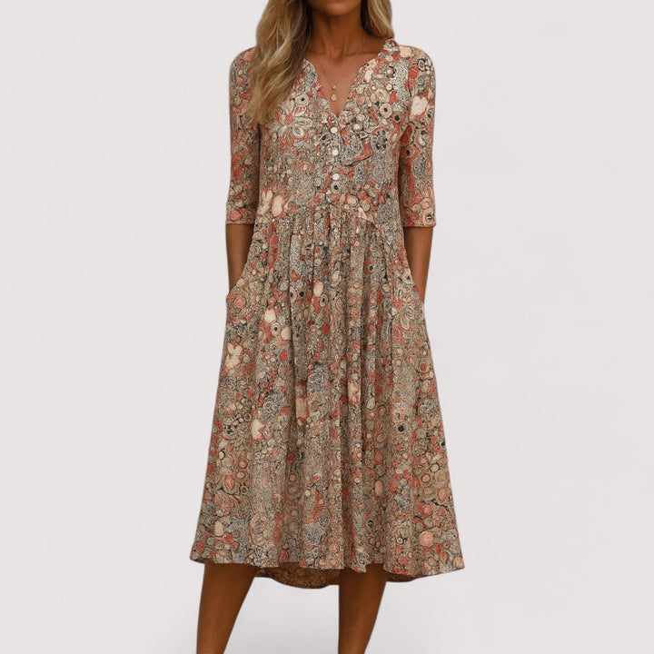 Lockeres, fließendes Damen Sommerkleid mit V-Ausschnitt in Blau, ideal für warme Tage.