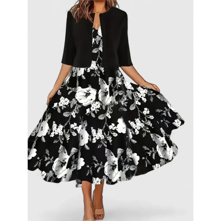Vielseitiges Damen Midikleid mit Blumenmuster und Strickcardigan im Boho-Stil; ideal als Freizeitkleid.