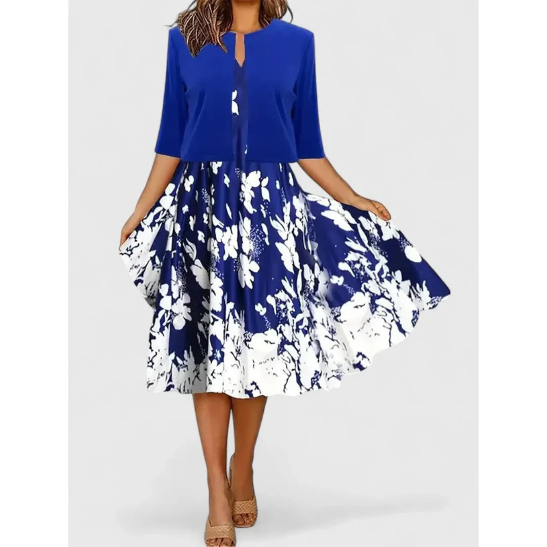 Elegantes Damen Boho Midikleid Set mit passendem Cardigan und floralem Muster, perfekt für den Sommer.