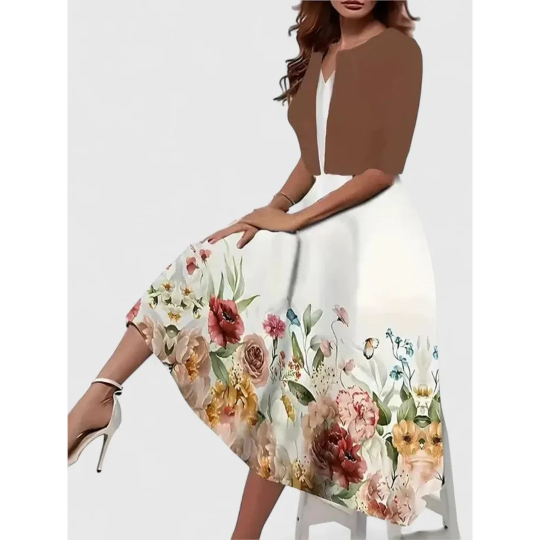Komplettes Boho Cardigan-Set für Damen: Midikleid mit Blumenmuster, elegant und bequem für jeden Anlass.