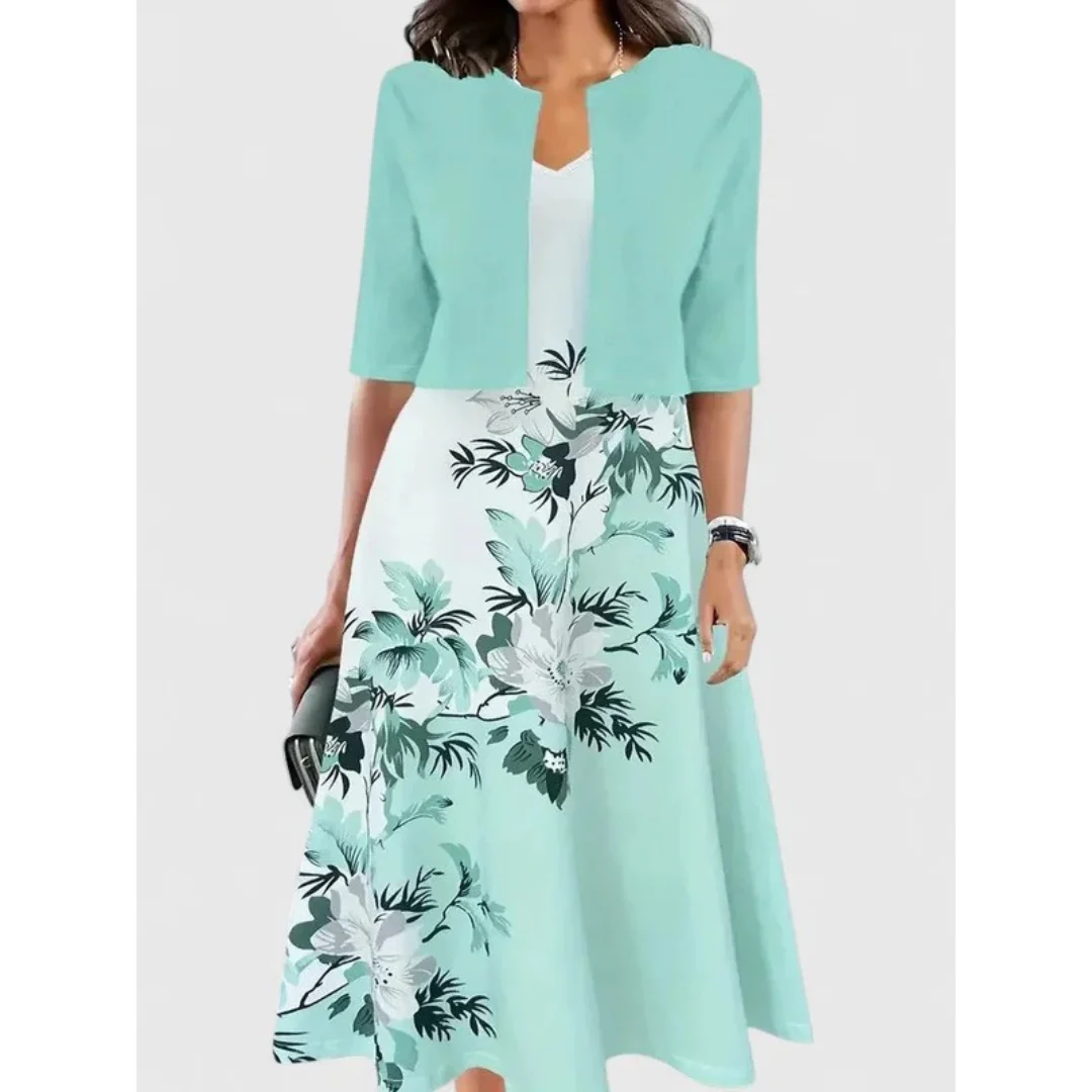 Leichtes Damen Sommerkleid Midikleid mit floralem Design und weichem Cardigan, ein stylischer Zweiteiler.