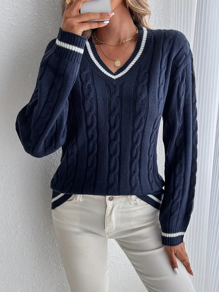Marineblauer Damen-V-Ausschnitt-Pullover, locker & elegant, perfekt für Frühling, Herbst & Lagenlook.