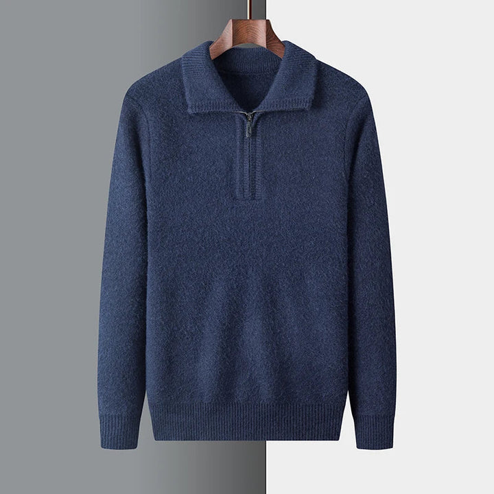 Roter Herren Half-Zip Pullover. Warmer Strickpullover für den Winter, perfekt für komfortable Casual-Looks.