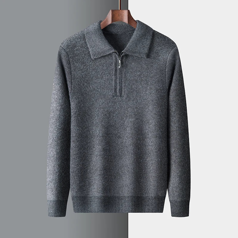 Grauer Herren Half-Zip Strickpullover. Hochwertiger Winterpullover für elegante Herrenmode und Freizeit.